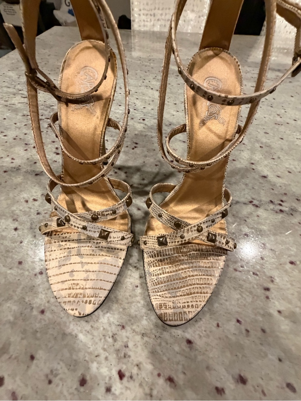 NWOT Carlos Santana Beige Patterned Strappy Studded Heels